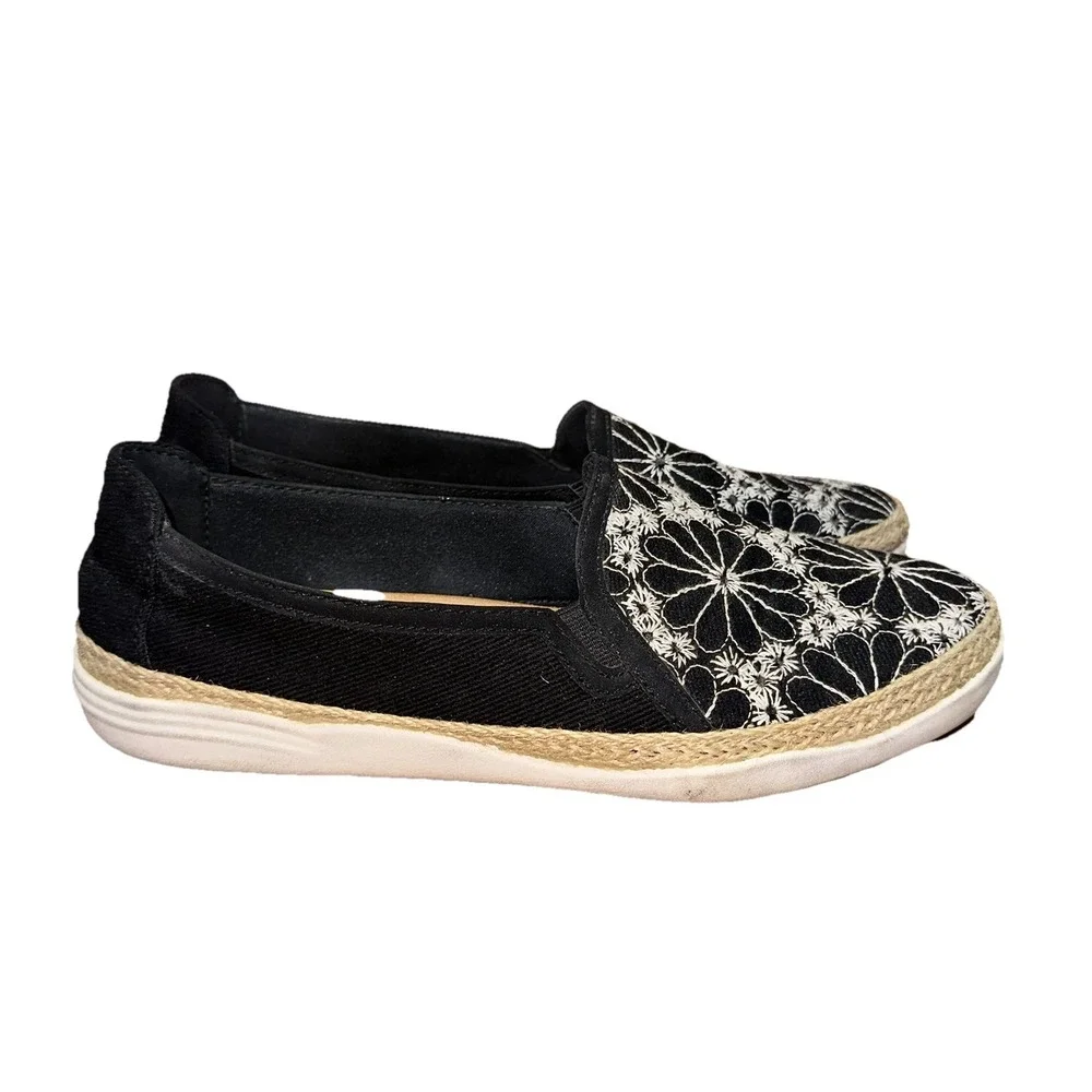 Clarks Collection Embroidered Canvas Slip-On Shoes Elaina Harbor Black Women's 9